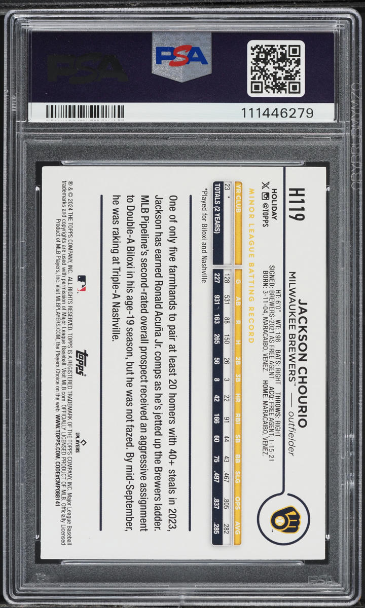 2024 Topps Holiday Jackson Chourio ROOKIE #H119 PSA 9 MINT