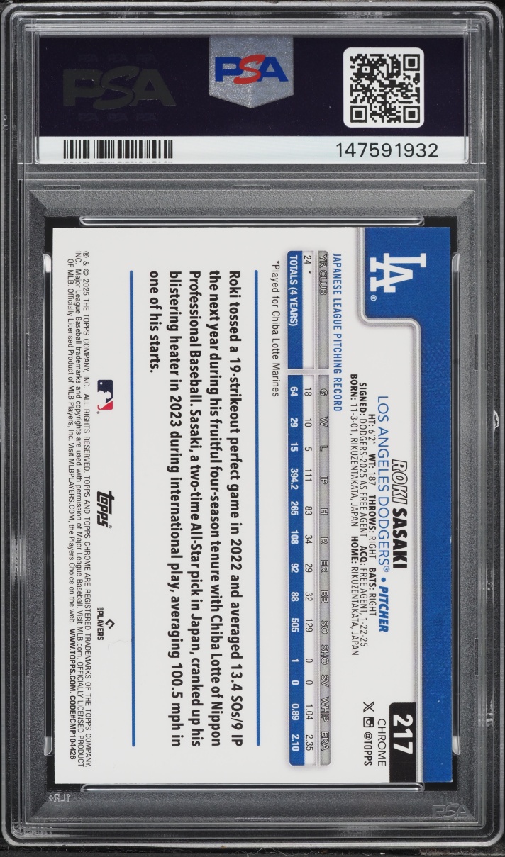 2025 Topps Chrome Purple Refractor Roki Sasaki ROOKIE /250 #217 PSA 9 MINT