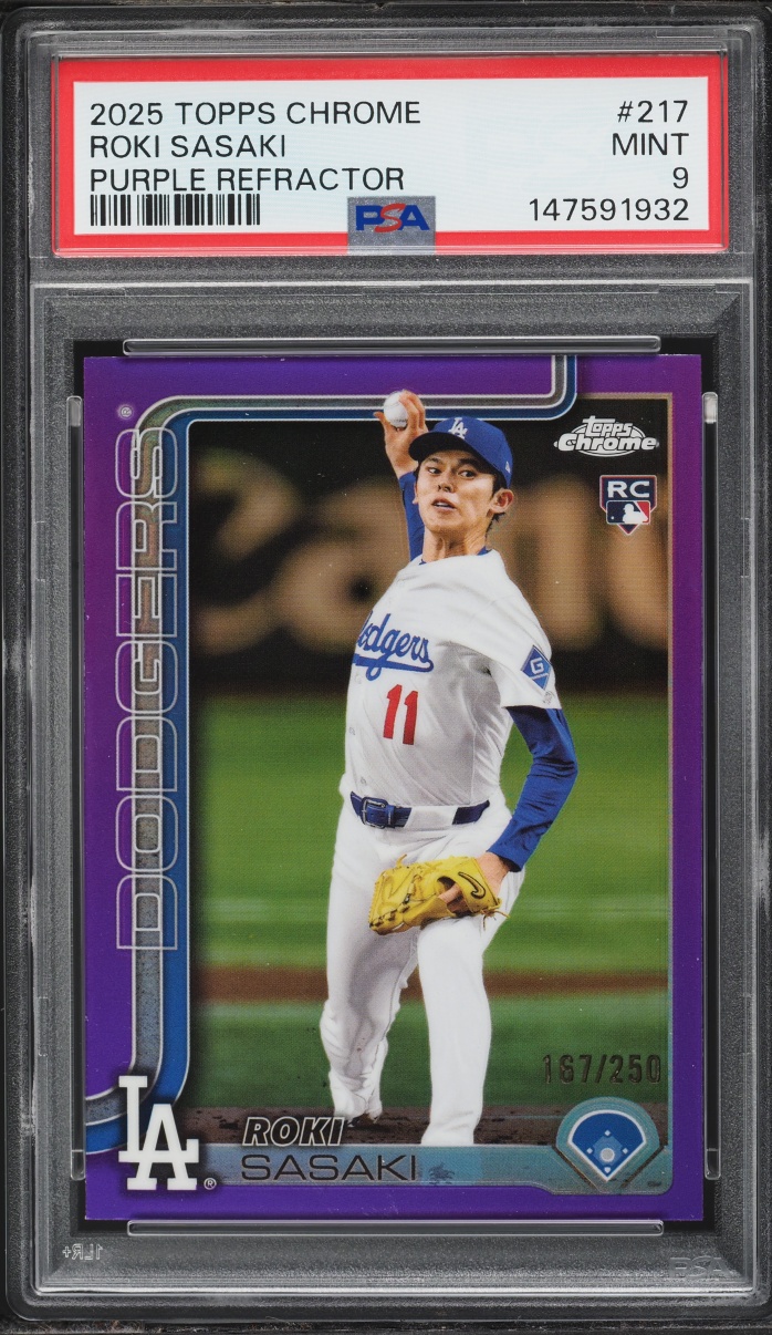 2025 Topps Chrome Purple Refractor Roki Sasaki ROOKIE /250 #217 PSA 9 MINT