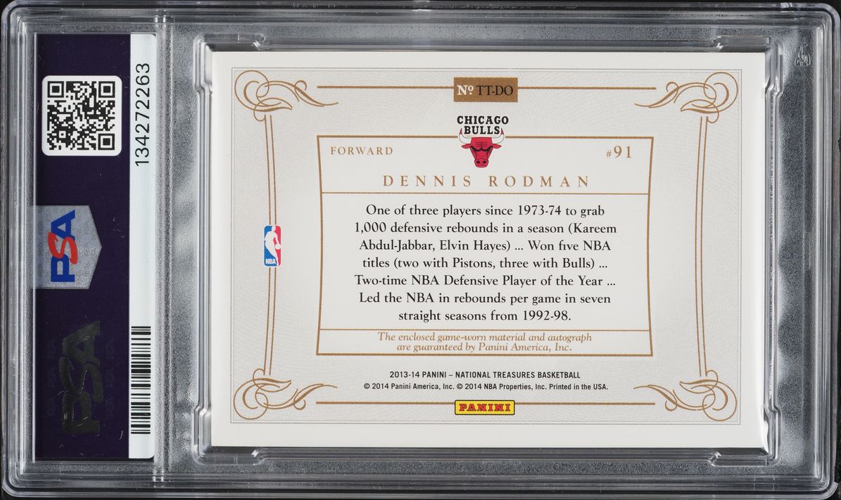 2013 National Treasures Treasured Tags Dennis Rodman PATCH AUTO 5/5 #TT-DO PSA 8 NM-MT