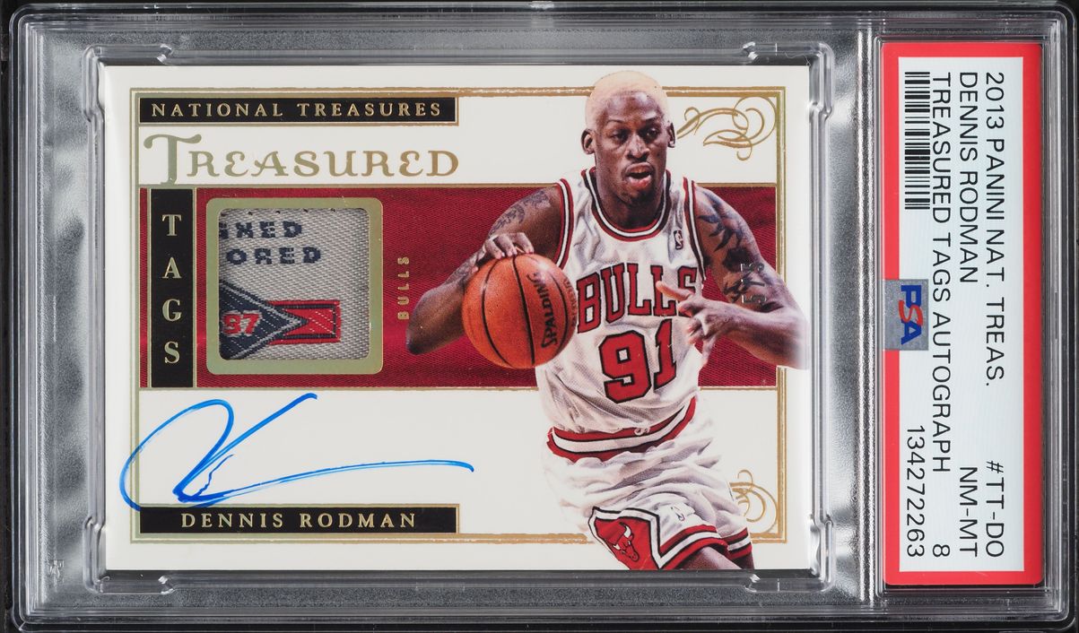 2013 National Treasures Treasured Tags Dennis Rodman PATCH AUTO 5/5 #TT-DO PSA 8 NM-MT
