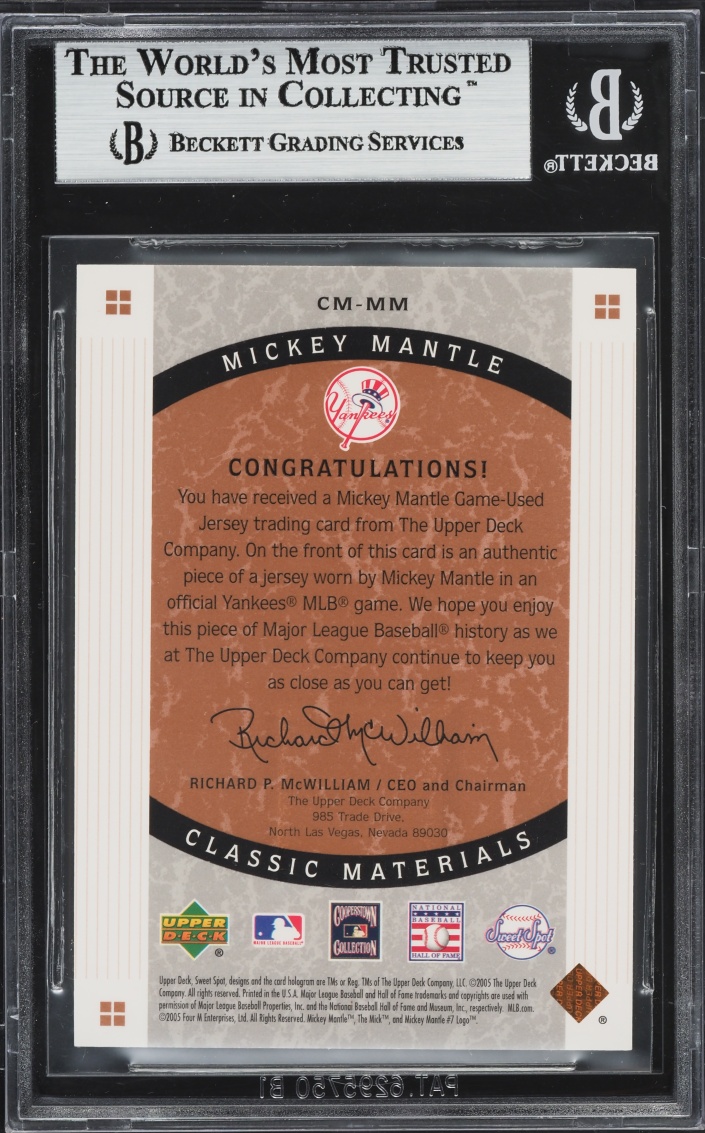 2005 Sweet Spot Classic Mickey Mantle PATCH #CM-MM BGS 9 MINT