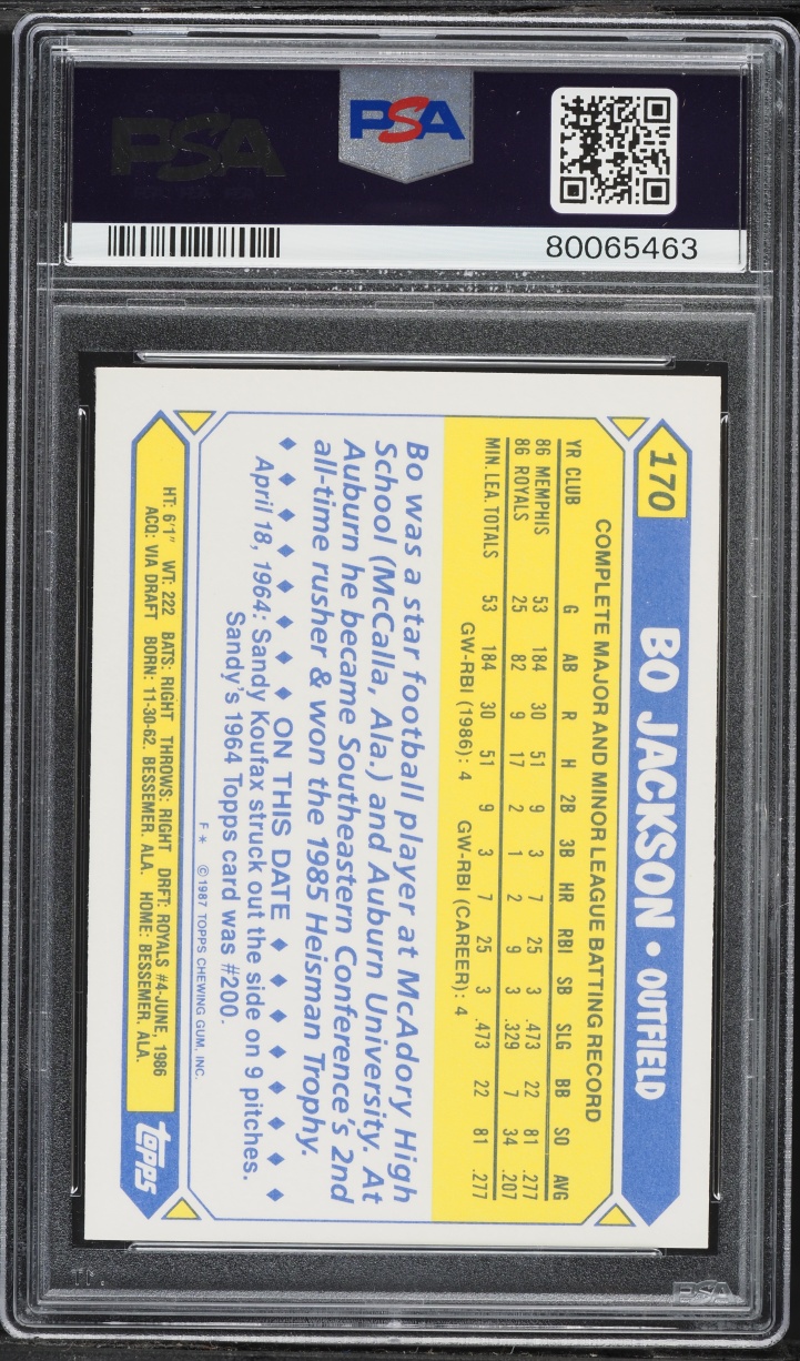1987 Topps Tiffany Future Stars Bo Jackson ROOKIE #170 PSA 8 NM-MT