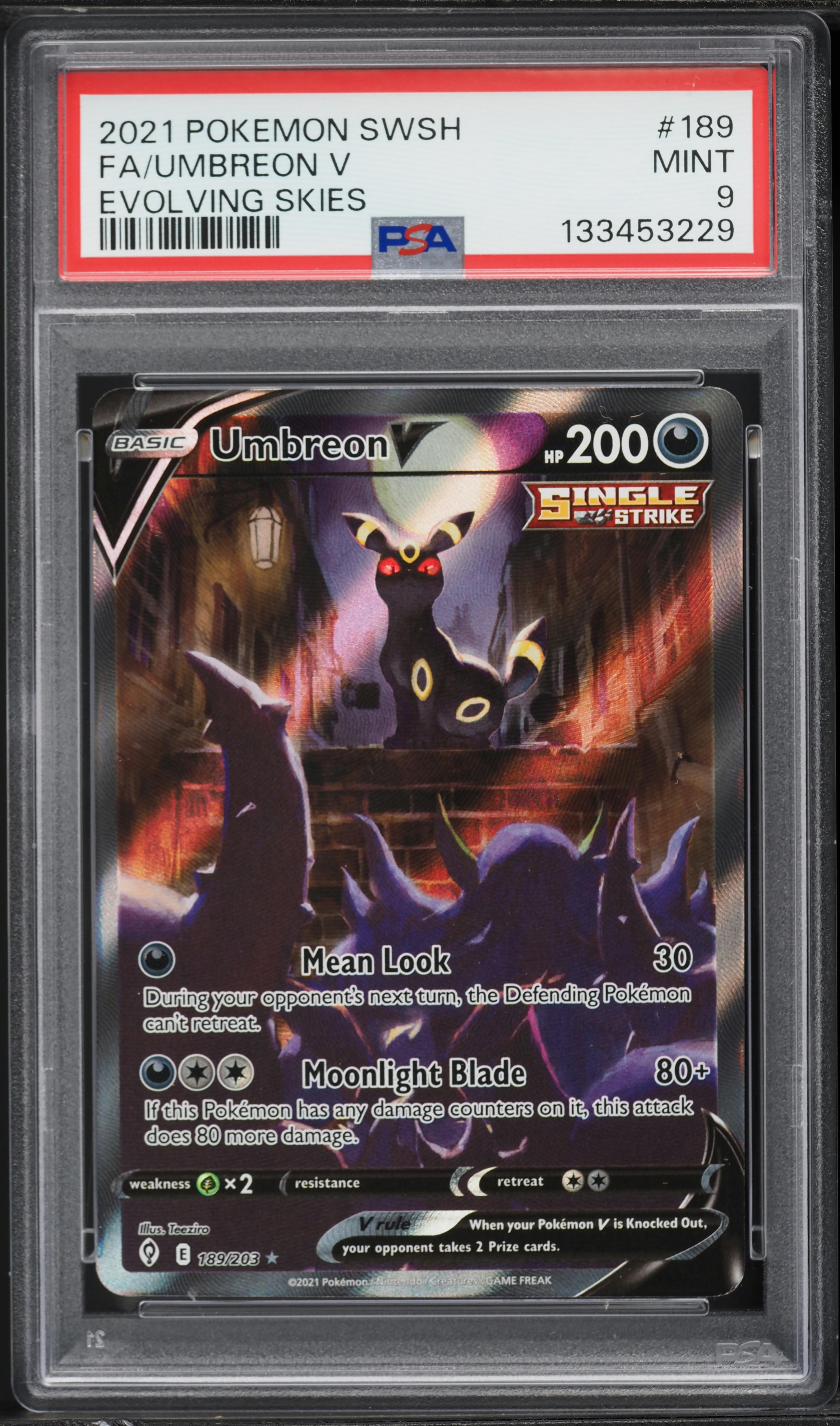 2021 Pokemon Sword & Shield Evolving Skies Full Art Umbreon V #189 PSA 9 MINT