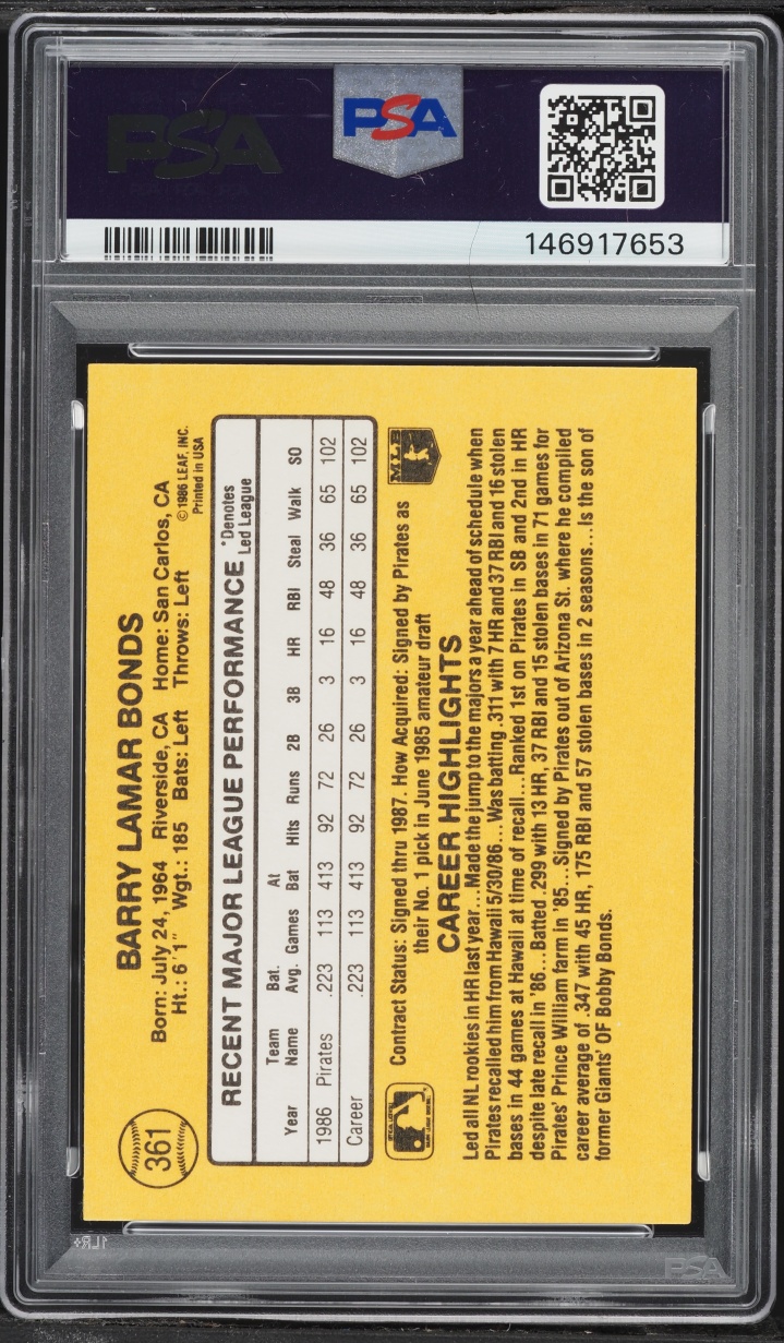 1987 Donruss Barry Bonds ROOKIE #361 PSA 10 GEM MINT