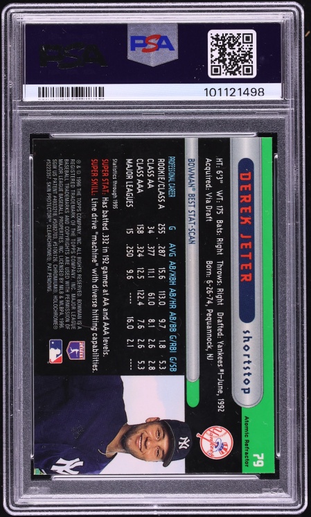 1996 Bowman's Best Atomic Refractor Derek Jeter ROOKIE #79 PSA 8 NM-MT - Photo 2