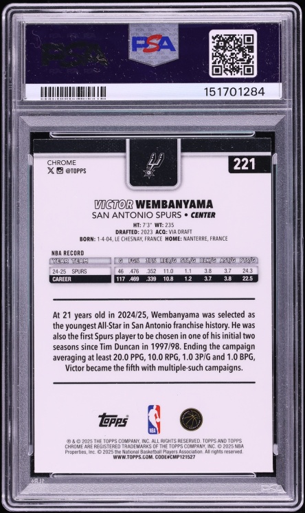 2025 Topps Chrome Sapphire Victor Wembanyama #221 PSA 9 MINT