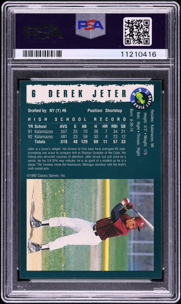 1992 Classic Draft Picks Derek Jeter ROOKIE #6 PSA 10 GEM MINT