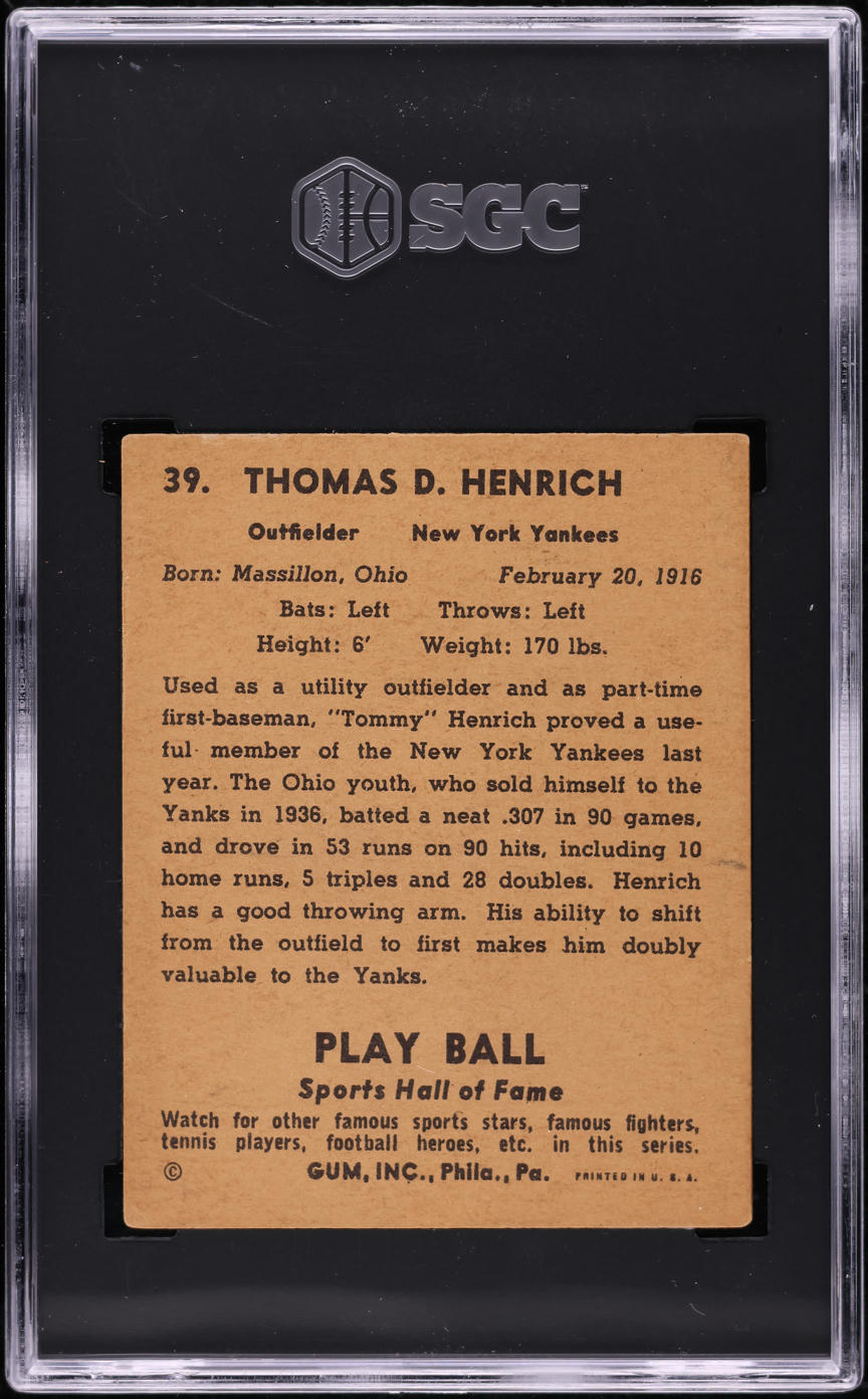 1941 Play Ball Tommy Henrich #39 SGC 1 PR