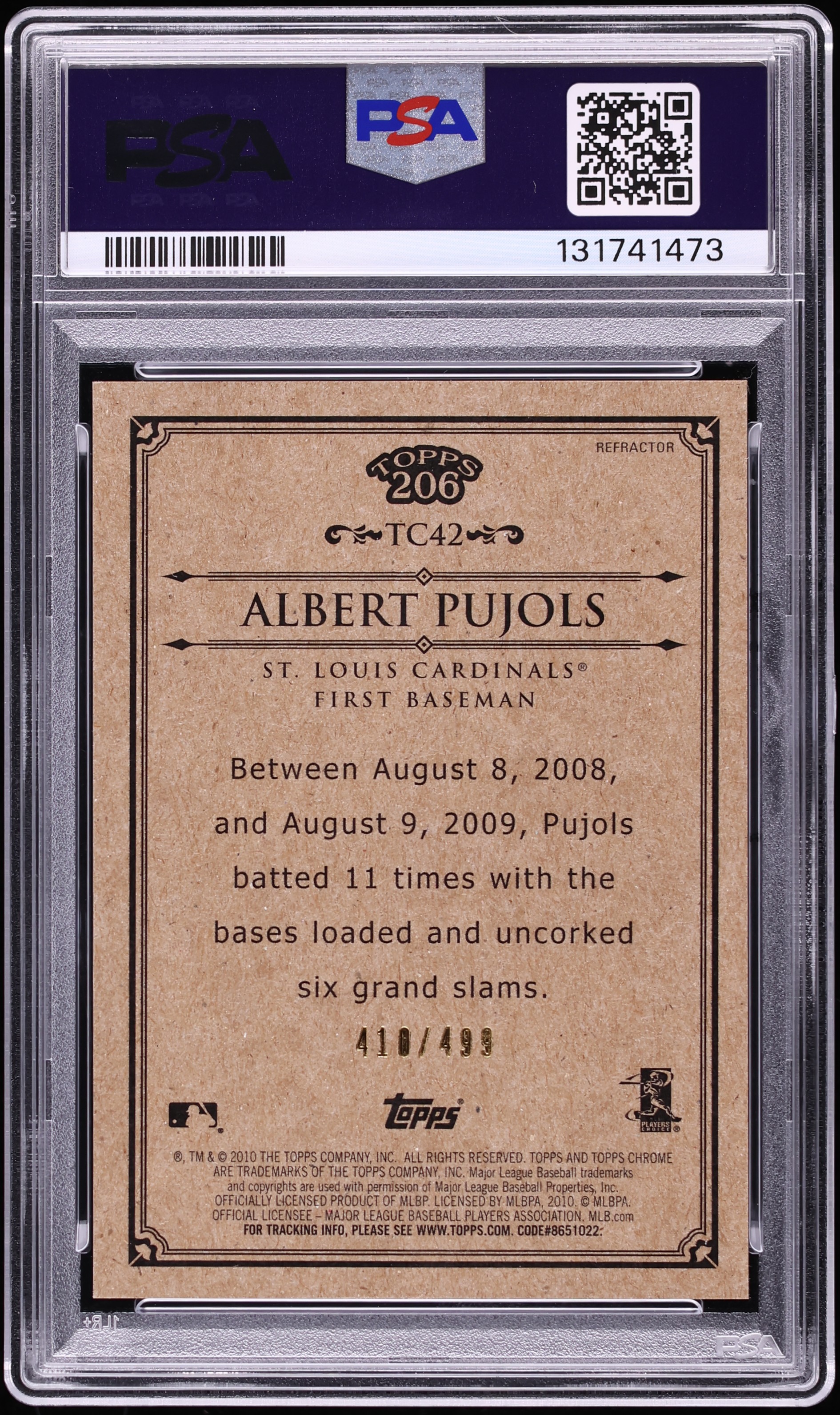 2010 Topps Chrome 206 Refractor Albert Pujols /499 #TC42 PSA 9