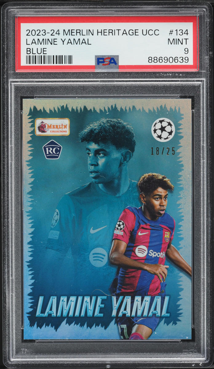 2023 Topps Merlin Heritage UEFA Club Competitions Blue Lamine Yamal RC /25 PSA 9