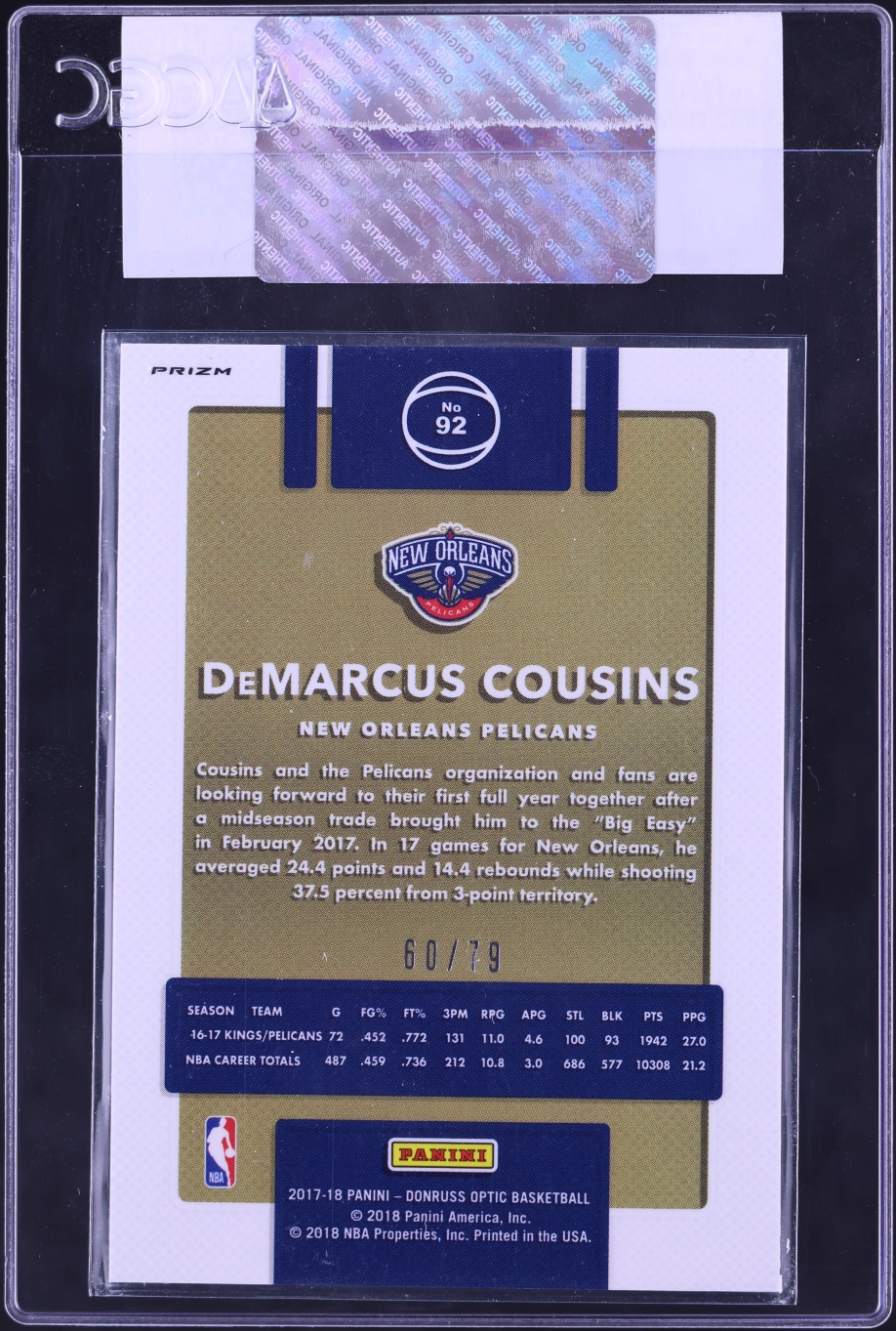 2017 Donruss Optic Pink Velocity DeMarcus Cousins /79 #92 CGC AUTH