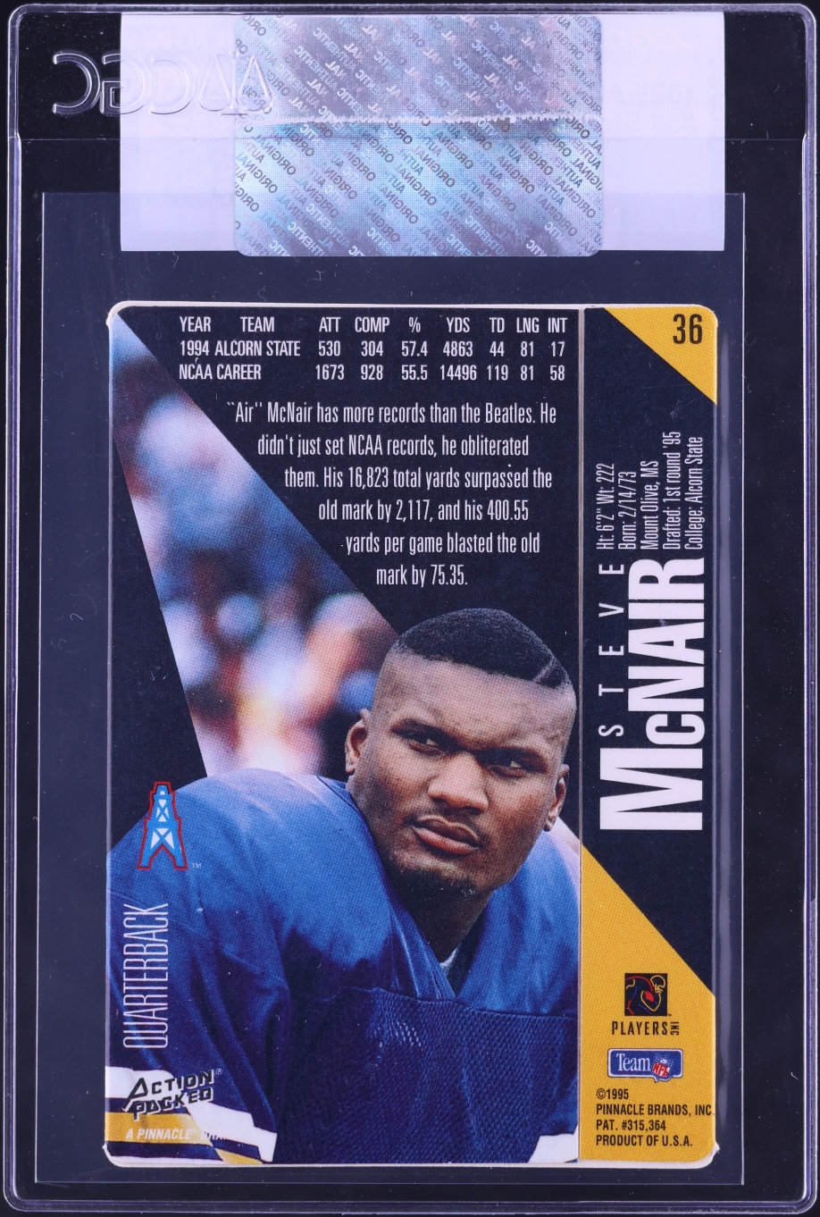 1995 Action Packed Steve McNair ROOKIE #36 CGC AUTH