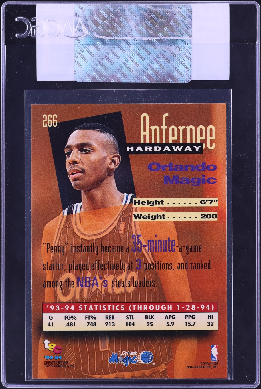 1993 Stadium Club Anfernee Hardaway ROOKIE #266 CGC AUTH