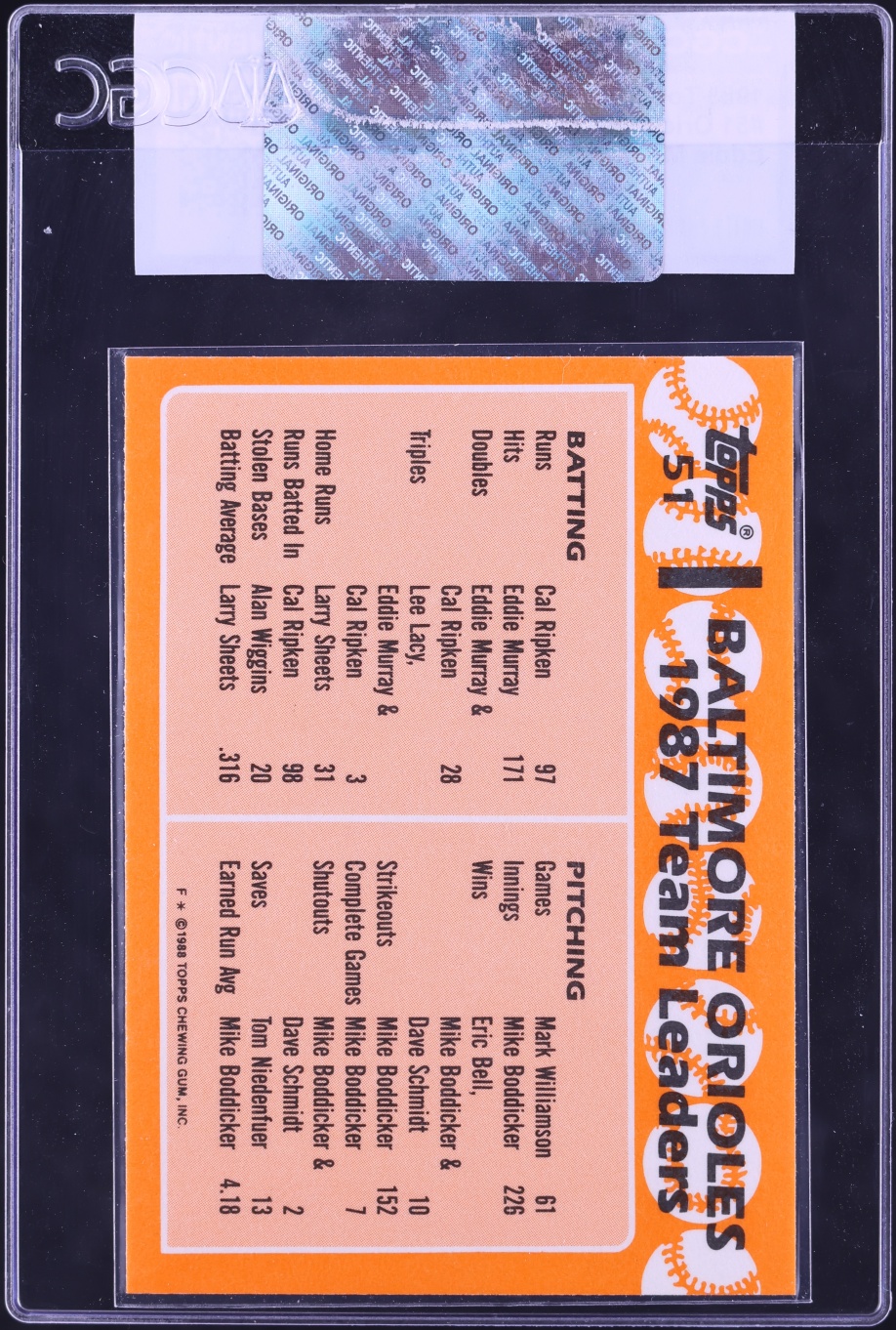 1988 Topps Eddie Murray & Cal Ripken Jr. ORIOLES LEADERS #51 CGC AUTH