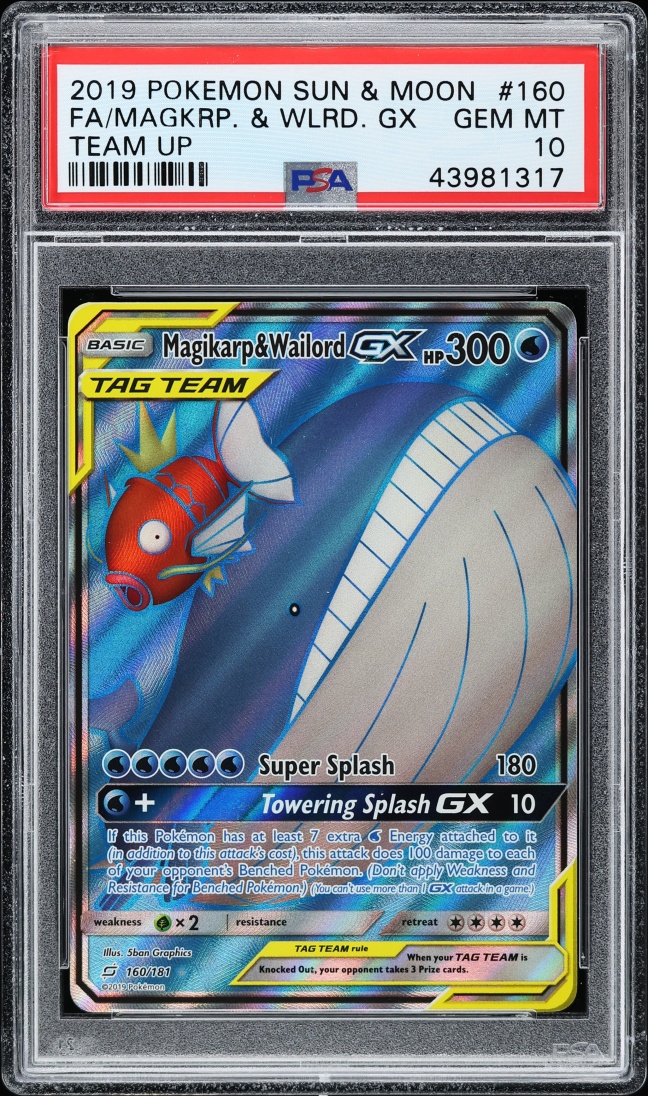 2019 Pokemon Sun & Moon Team Up Full Art Magikarp & Wailord GX #160 PSA 10 GEM MINT