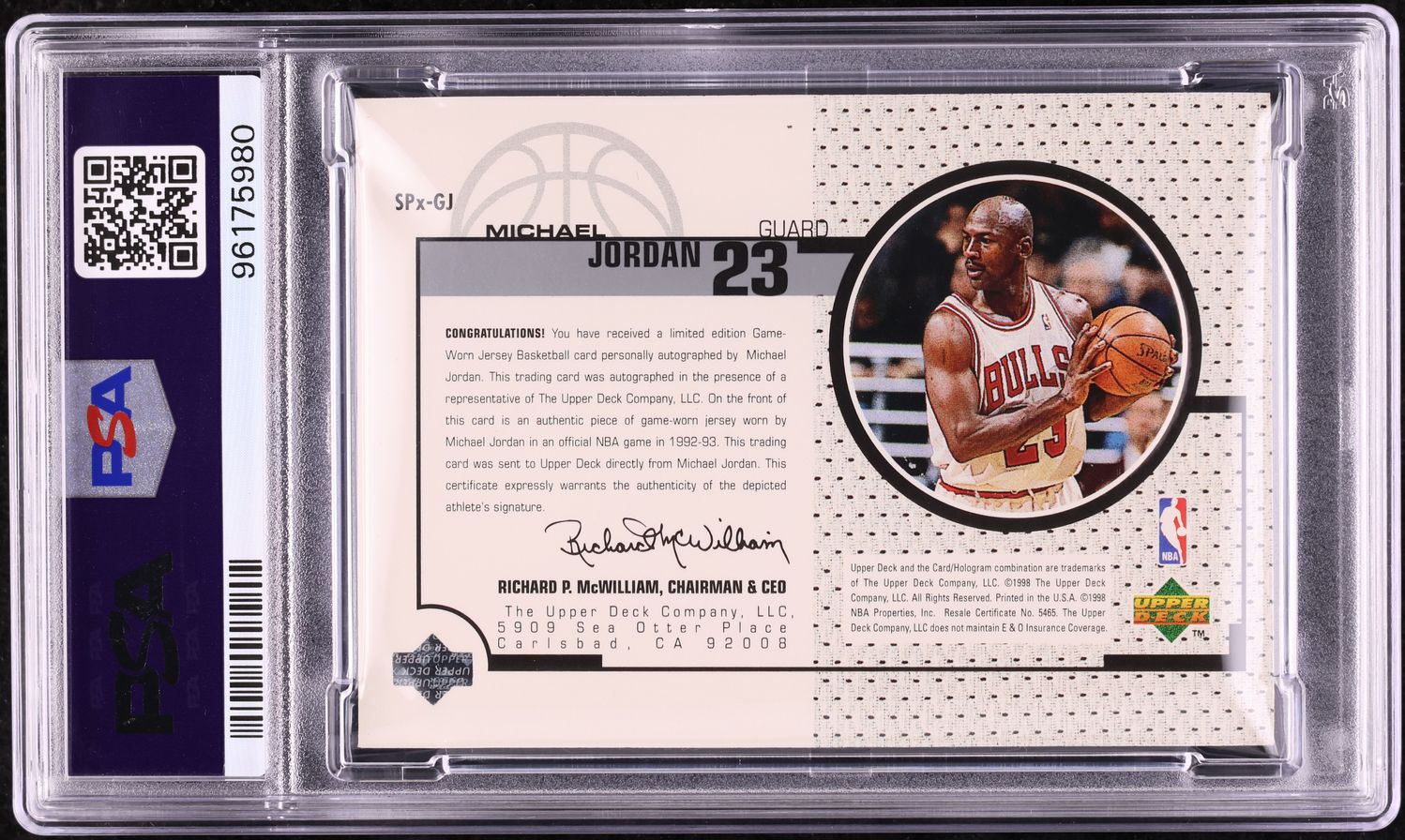 1998 UD Game Jersey Michael Jordan PATCH AUTO DNA 8 /23 #SPx-GJ PSA 9 MINT