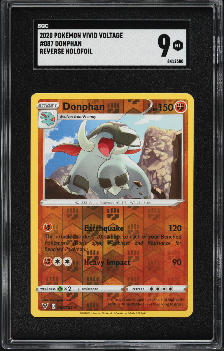 2020 Pokemon Sword & Shield Vivid Voltage Reverse Holo Donphan #087 SGC 9 MINT