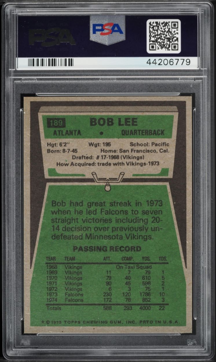1975 Topps Football Bob Lee #189 PSA 10 GEM MINT