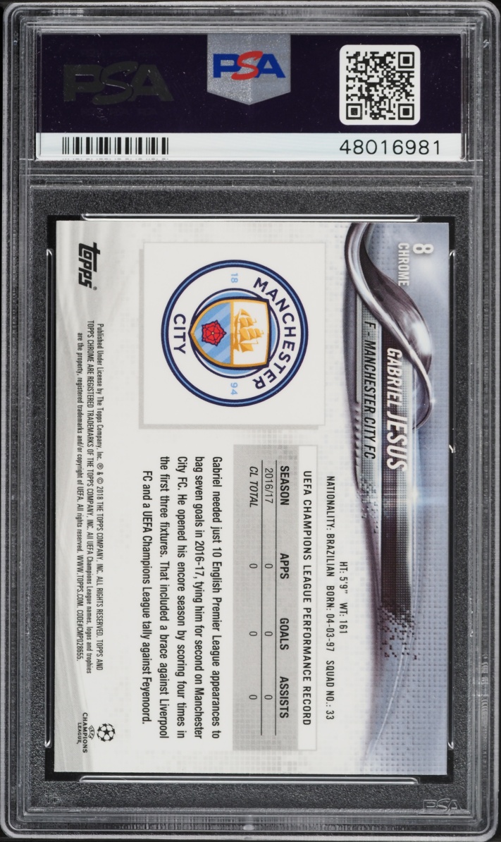2017 Topps Chrome UEFA Champions League Gabriel Jesus #8 PSA 10 GEM MINT