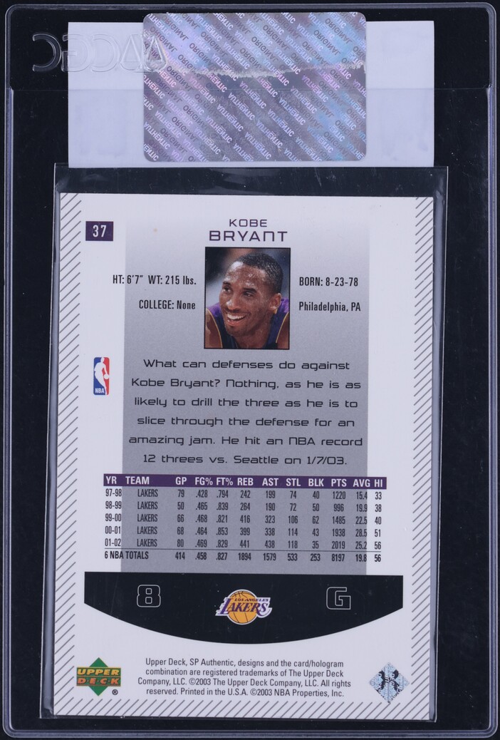 2002 SP Authentic Kobe Bryant #37 CGC AUTH