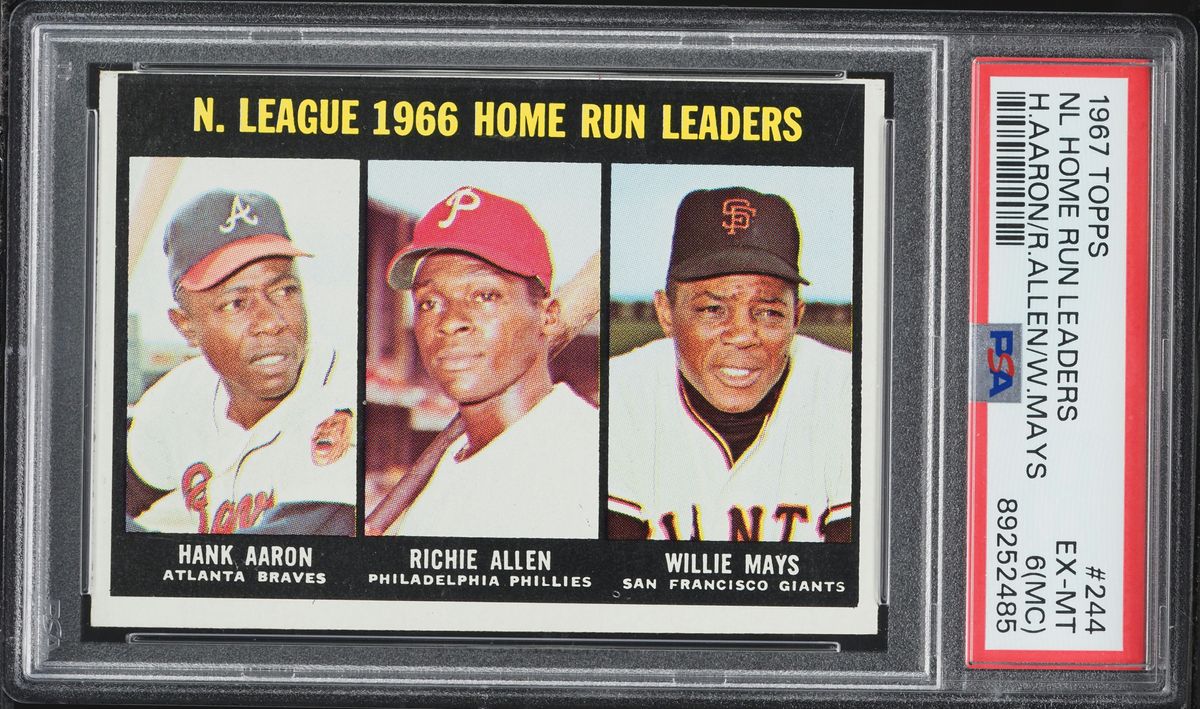 1967 Topps Hank Aaron Willie Mays Richie Allen NL HOME RUN LEADERS #244 PSA 6 (MC) EXMT
