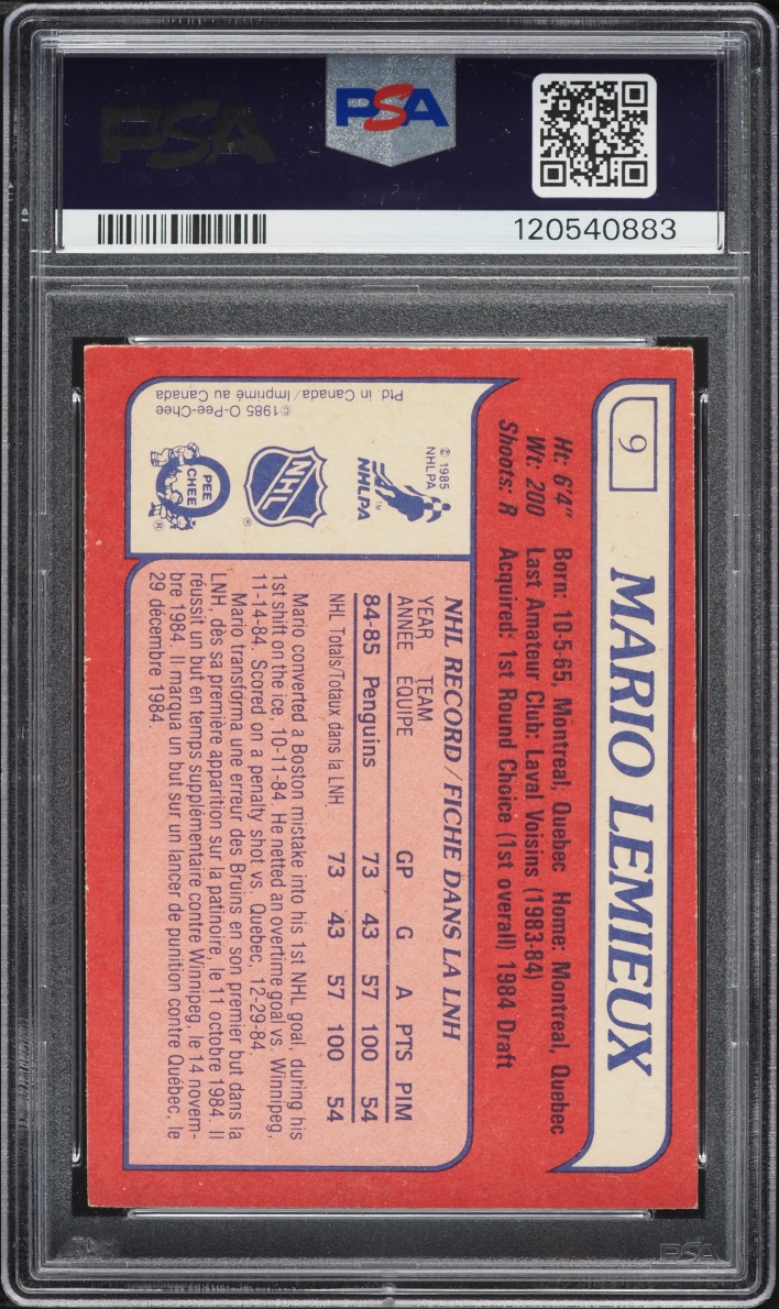 1985 O-Pee-Chee Hockey Mario Lemieux ROOKIE #9 PSA 7 NRMT
