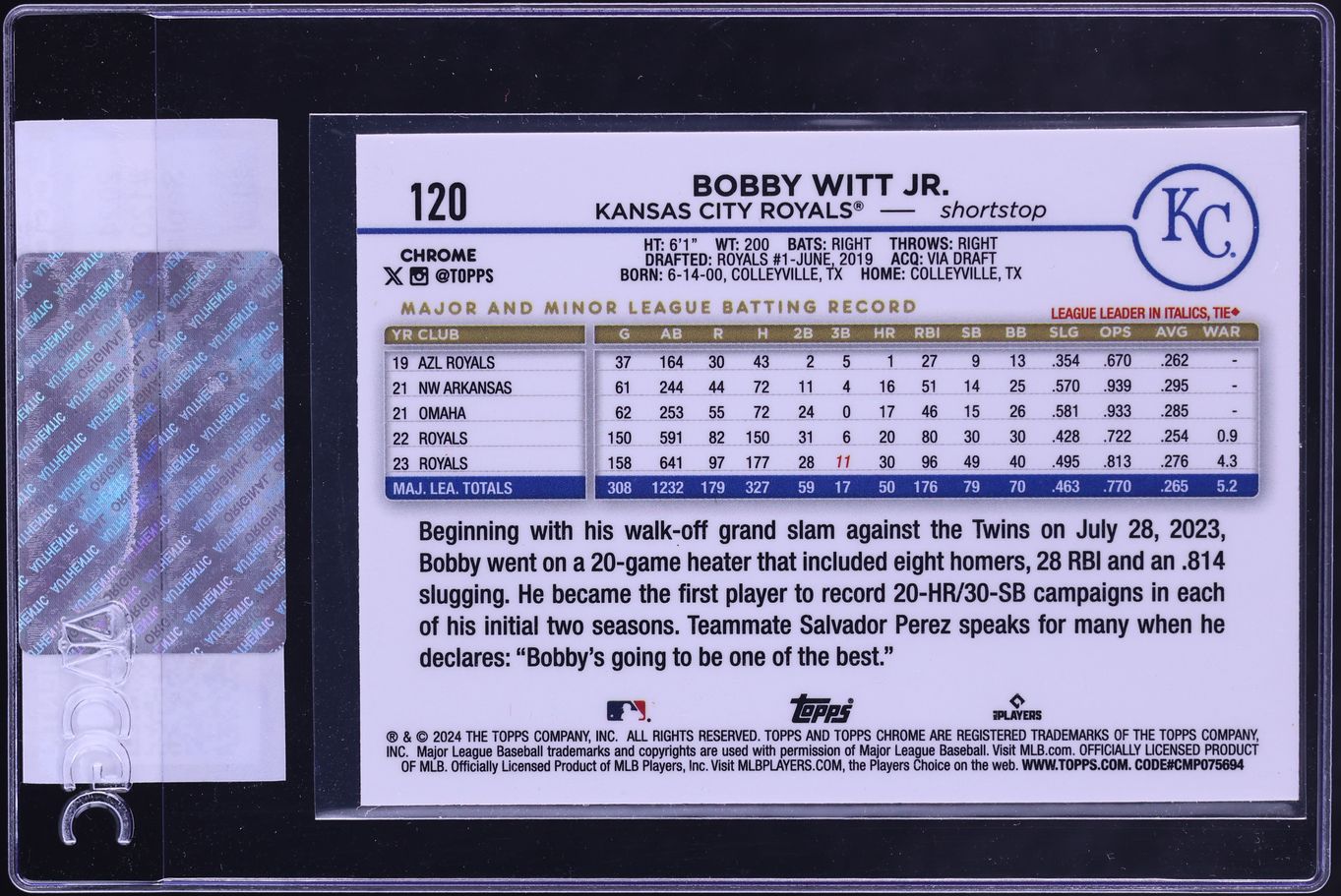 2024 Topps Chrome Sepia Refractor Bobby Witt Jr. #120 CGC AUTH