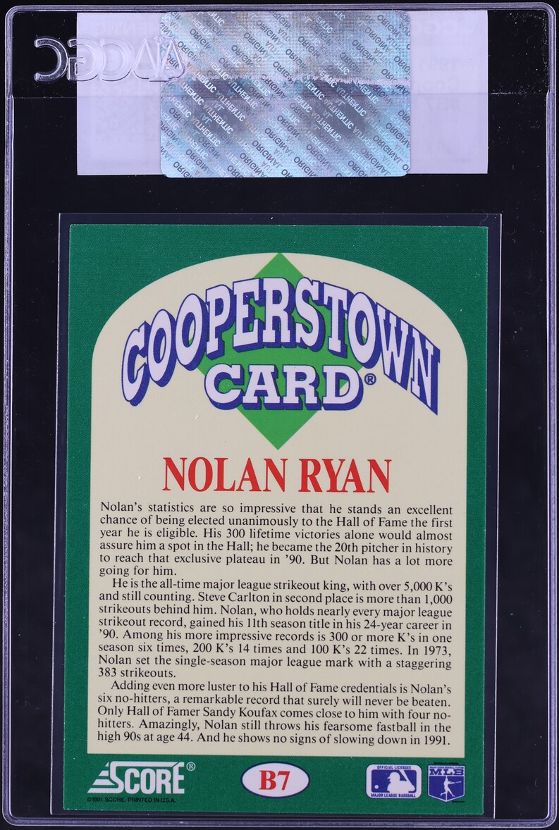 1991 Score Cooperstown Nolan Ryan #B7 CGC AUTH