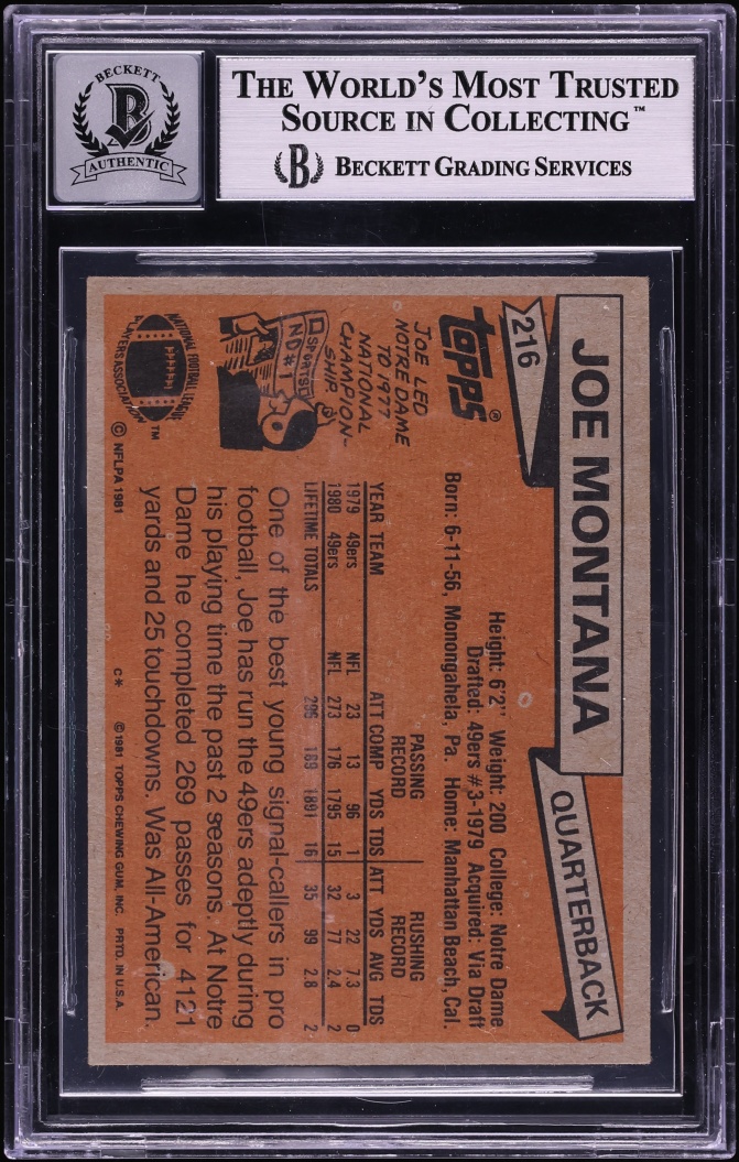 1981 Topps Football Joe Montana ROOKIE AUTO #216 BAS BGS AUTH