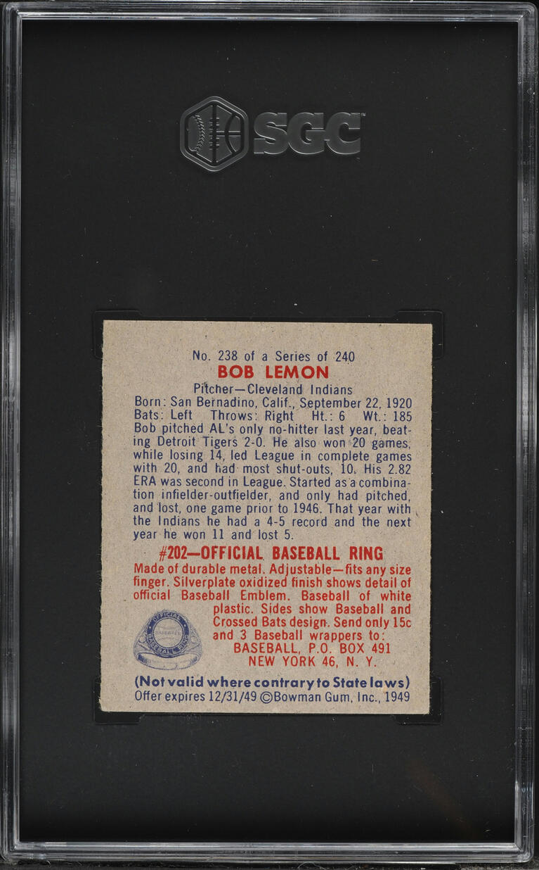 1949 Bowman Bob Lemon ROOKIE #238 SGC 3 VG