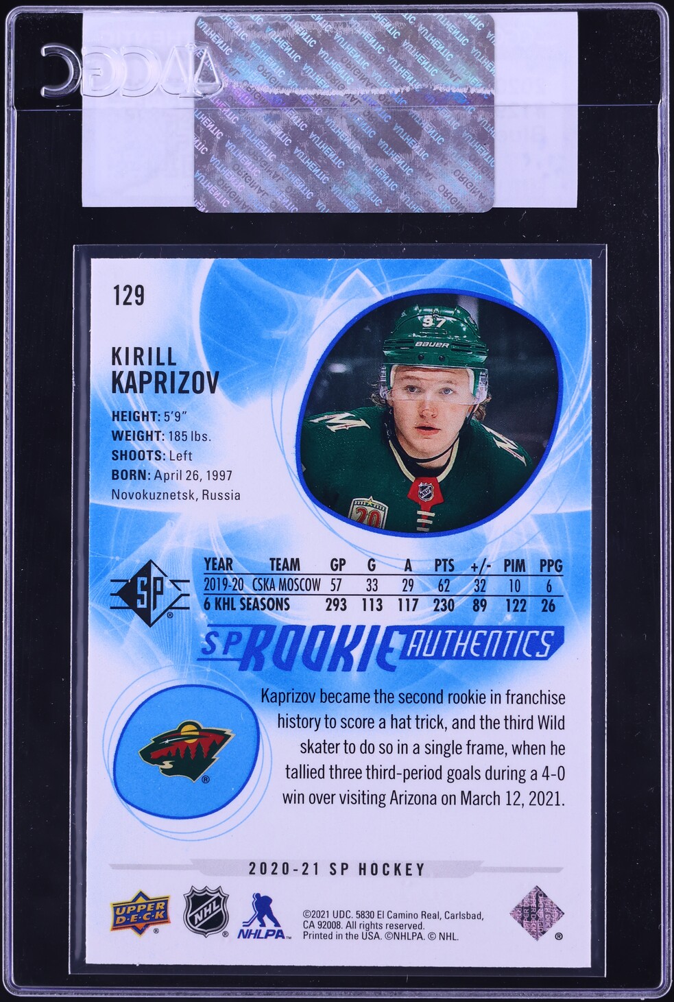 2020 SP Hockey Blue Kirill Kaprizov ROOKIE #129 CGC AUTH