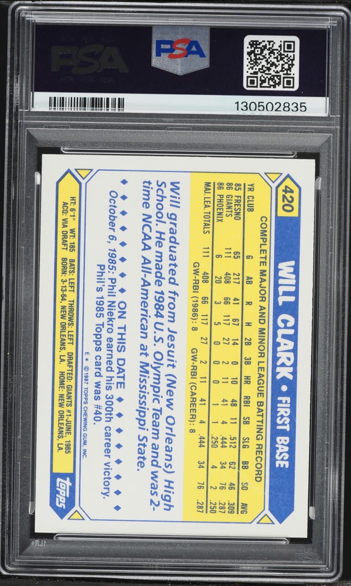 1987 Topps Tiffany Will Clark ROOKIE #420 PSA 9 MINT