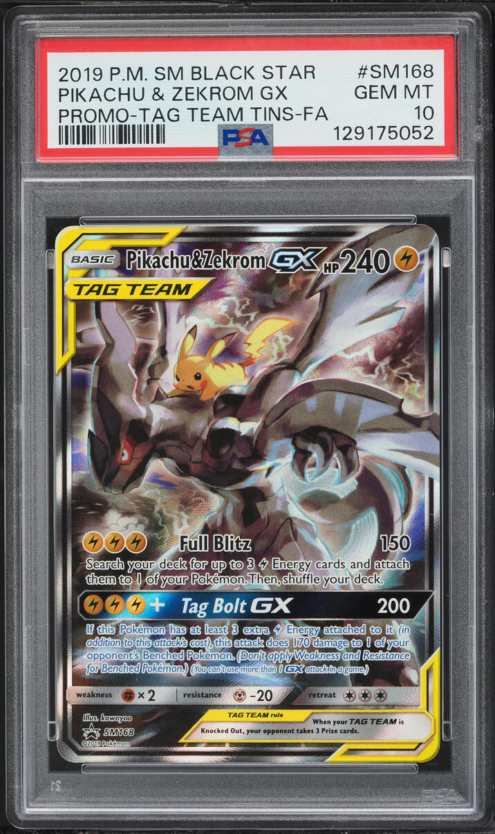 2019 Pokemon Sun & Moon Promo Tag Team Tins Full Art Pikachu & Zekrom GX #SM168 PSA 10 GEM MINT