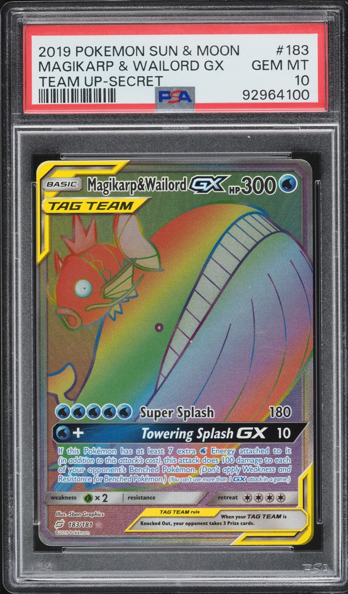 2019 Pokemon Sun & Moon Team Up Rainbow Rare Magikarp & Wailord GX #183 PSA 10 GEM MINT