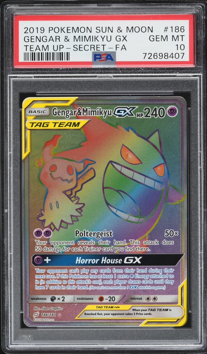 2019 Pokemon Sun & Moon Team Up Rainbow Rare Gengar & Mimikyu GX #186 PSA 10 GEM MINT