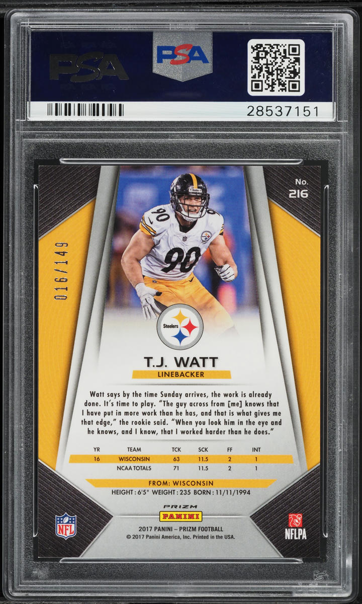 2017 Panini Prizm Blue Wave T.J. Watt ROOKIE /149 #216 PSA 10 GEM MINT