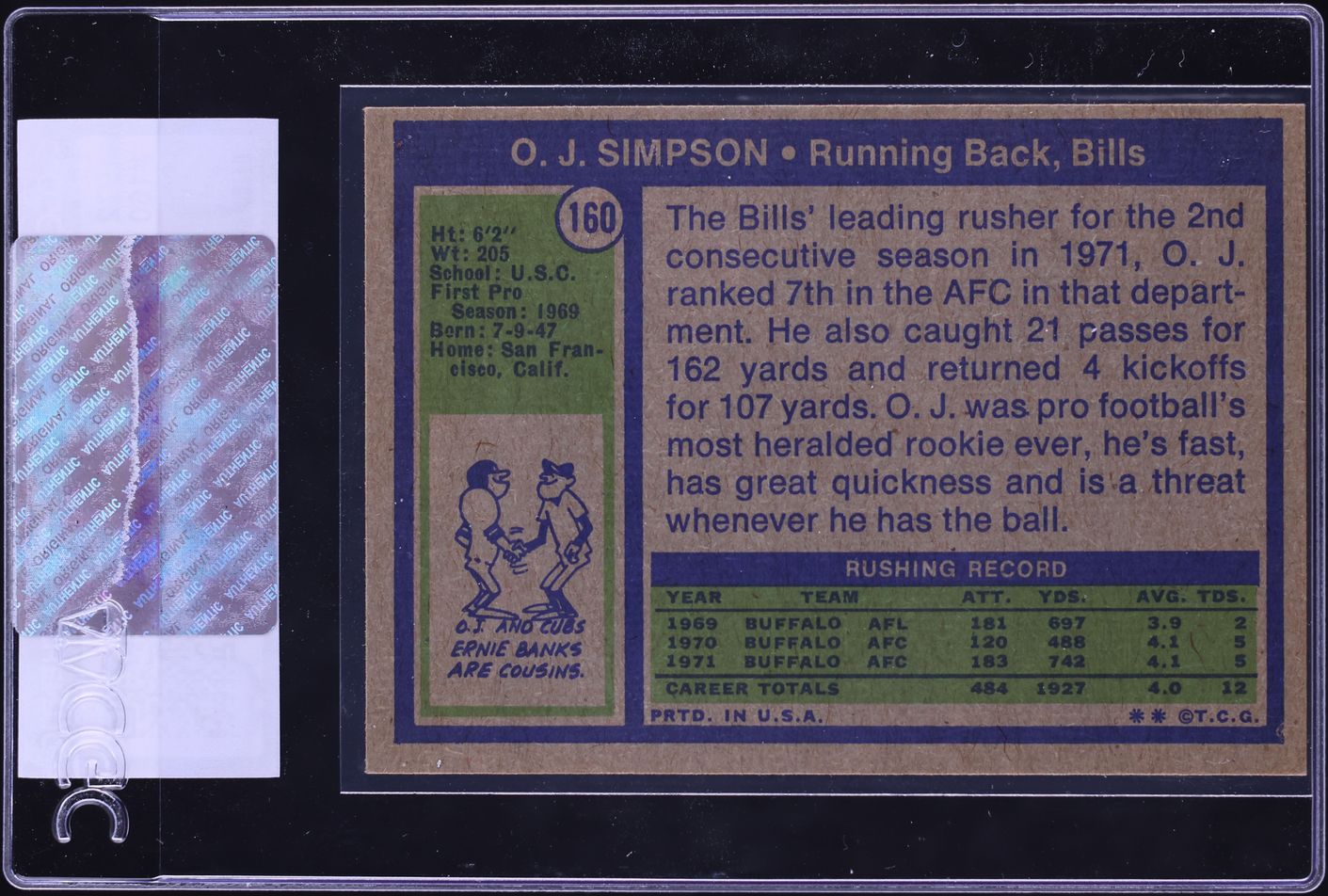 1972 Topps Football O.J. Simpson #160 CGC AUTH