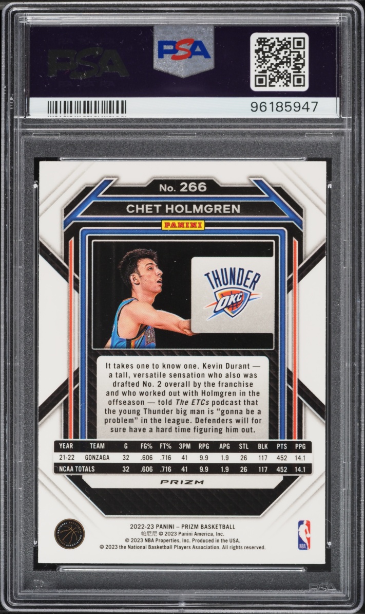 2022 Panini Prizm Silver Chet Holmgren ROOKIE #266 PSA 9 MINT