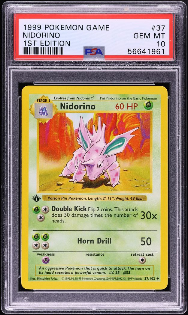 1999 Pokemon Base Set Shadowless 1st Edition Nidorino #37 PSA 10 GEM MINT