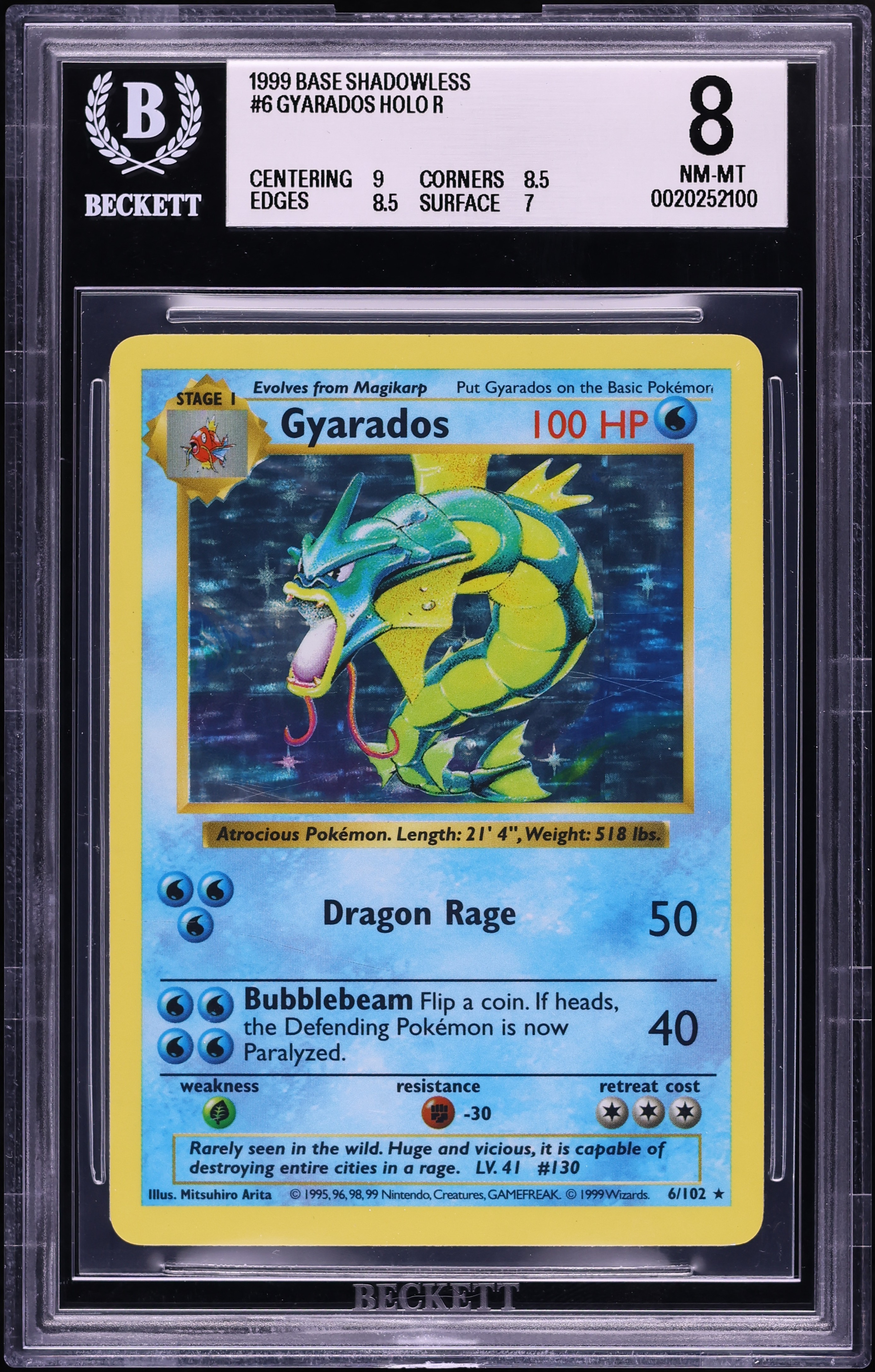 1999 Pokemon Base Set Shadowless Holo Gyarados #6 BGS 8 NM-MT