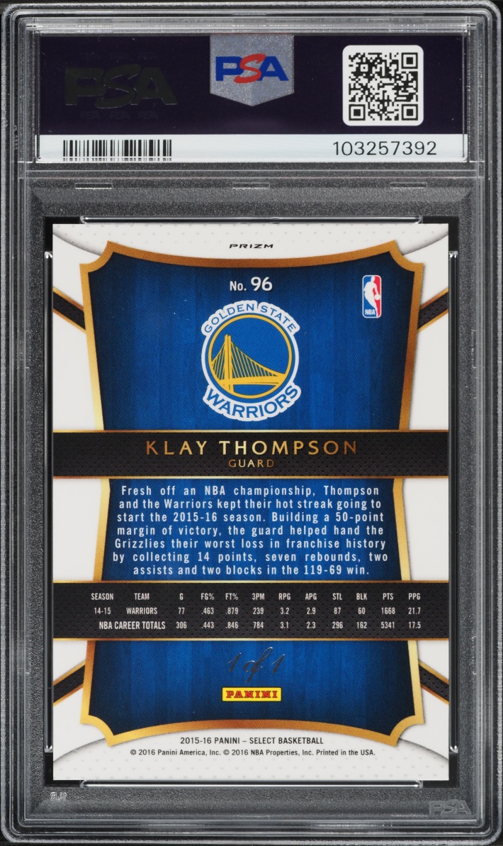 2015 Select Black Prizm Klay Thompson 1/1 #96 PSA 10 GEM MINT