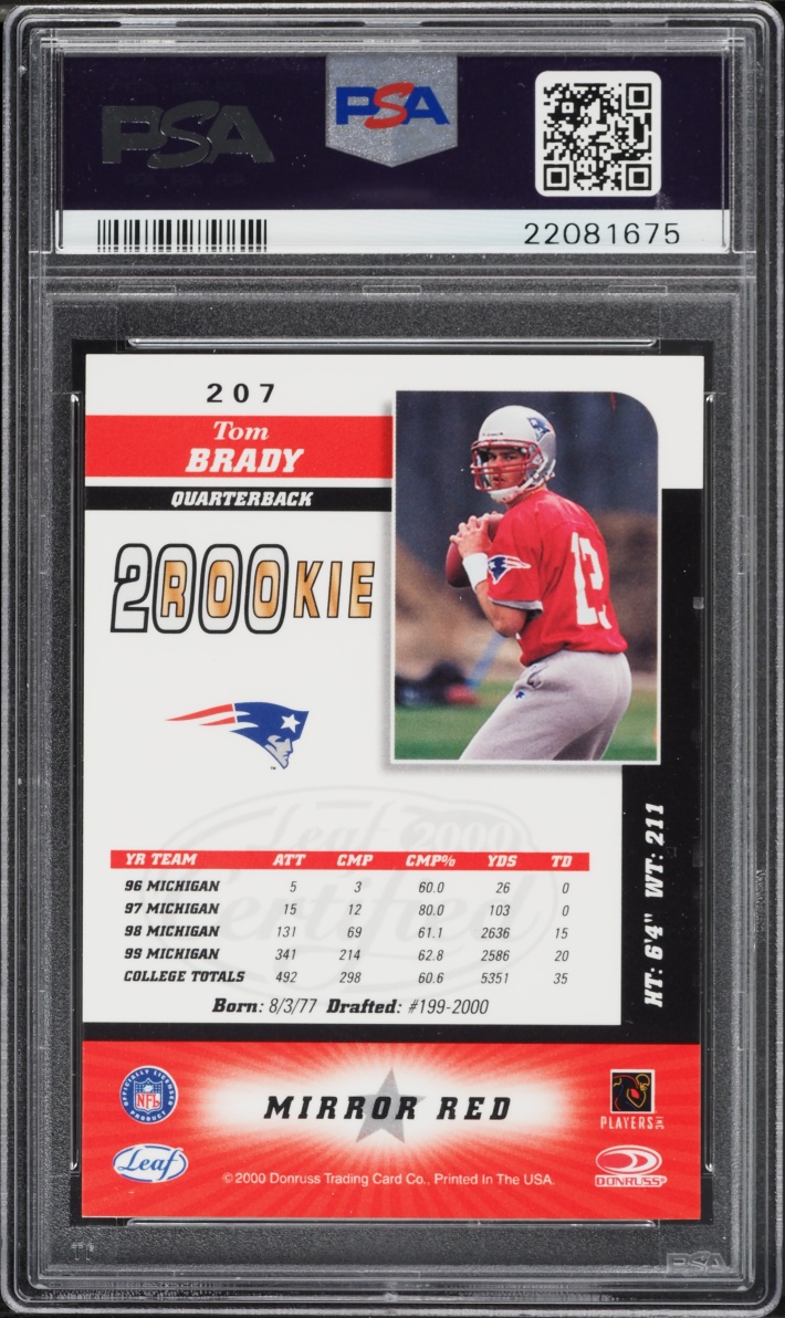 2000 Leaf Certified 4 Star Mirror Red Tom Brady ROOKIE #207 PSA 9 MINT