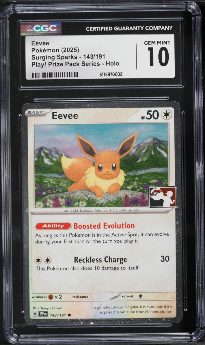 2025 Pokemon Scarlet & Violet Surging Sparks Play! Prize Pack Series Holo Eevee #143 CGC 10 GEM