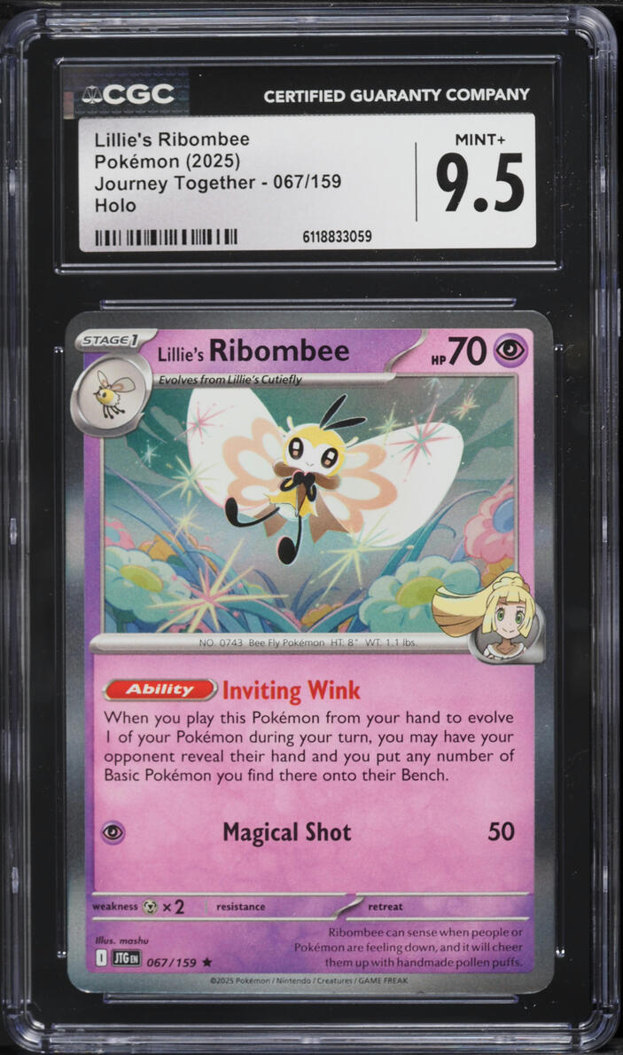 2025 Pokemon Scarlet & Violet Journey Together Holo Lillie's Ribombee #67 CGC 9.5 MINT+