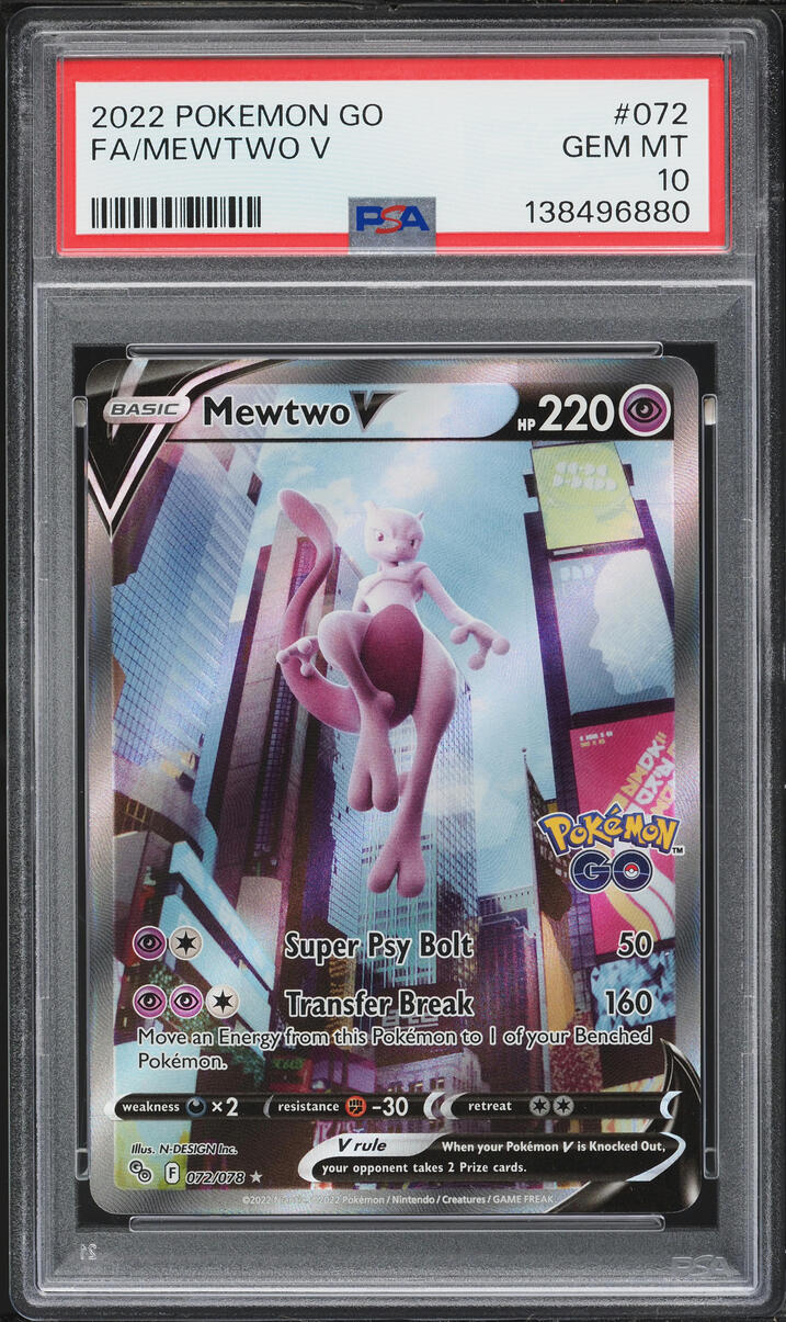 2022 Pokemon Sword & Shield Pokemon GO Full Art Mewtwo V #72 PSA 10 GEM MINT