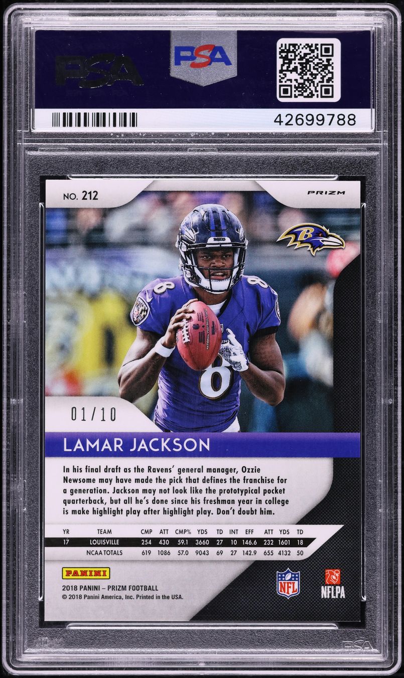 2018 Panini Prizm Gold Lamar Jackson ROOKIE 1/10 #212 PSA 10 GEM MINT
