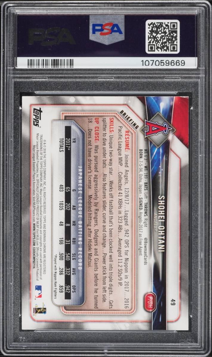 2018 Bowman Shohei Ohtani ROOKIE #49 PSA 8 NM-MT