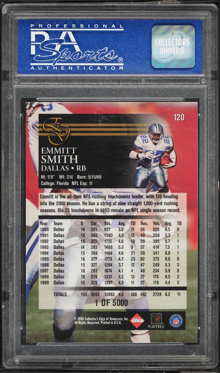 2000 Collector's Edge Graded Uncirculated Emmitt Smith /5000 #120 PSA 10 GEM MINT
