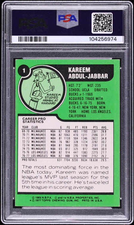 1977 Topps Basketball Kareem Abdul-Jabbar AUTO DNA 10 #1 PSA 7 NRMT